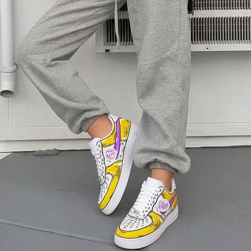 Comic Court – Purple & Gold Cartoon Outline Custom Sneakers | LAM ART Original